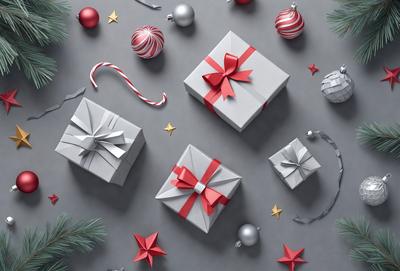 The primary subject of the image is a collection of wrapped presents, which are the main objects in the scene. The presents are placed on a gray surface, which serves as the background. The visual style of the image is a combination of photo and digital art, creating a realistic yet artistic representation of the presents. The colors and mood of the image are predominantly gray and neutral, with the red ribbon on the presents adding a touch of warmth and festivity to the scene.